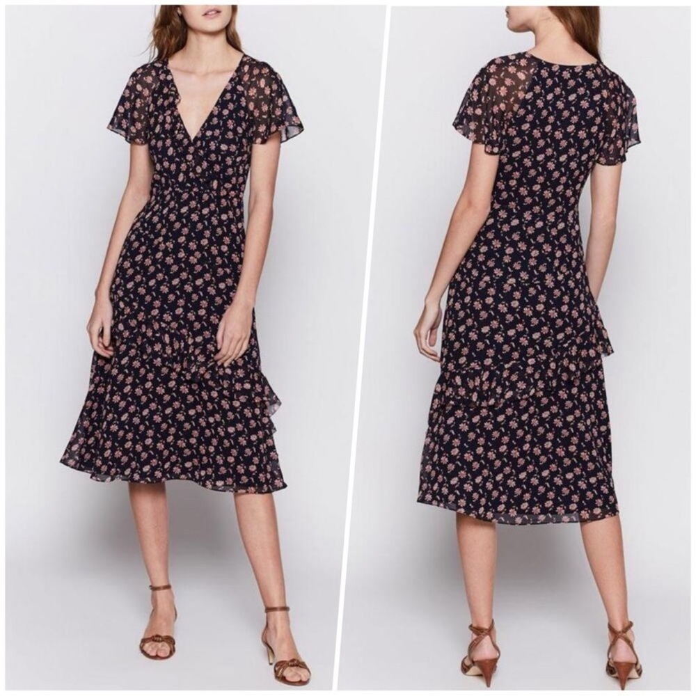 Joie Silk Dark Floral Orita Surplice Ruffled MIDI Dress